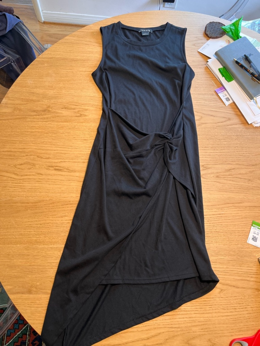 Trouve Black Asymmetrical Knot-Detail Midi Dress